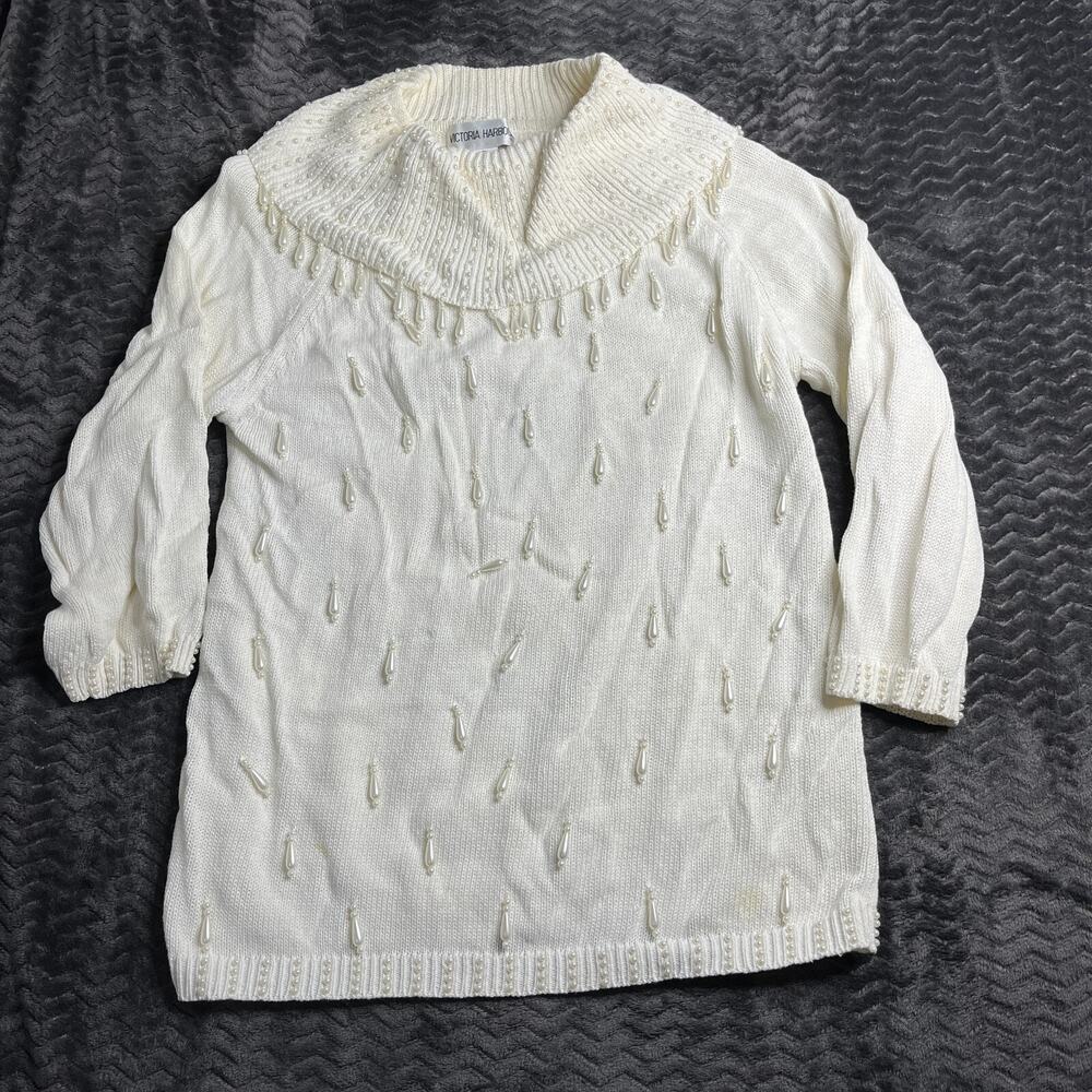 Vintage 80s Victoria Harbour Cowl Neck Beige Sweater with Beads Size Large